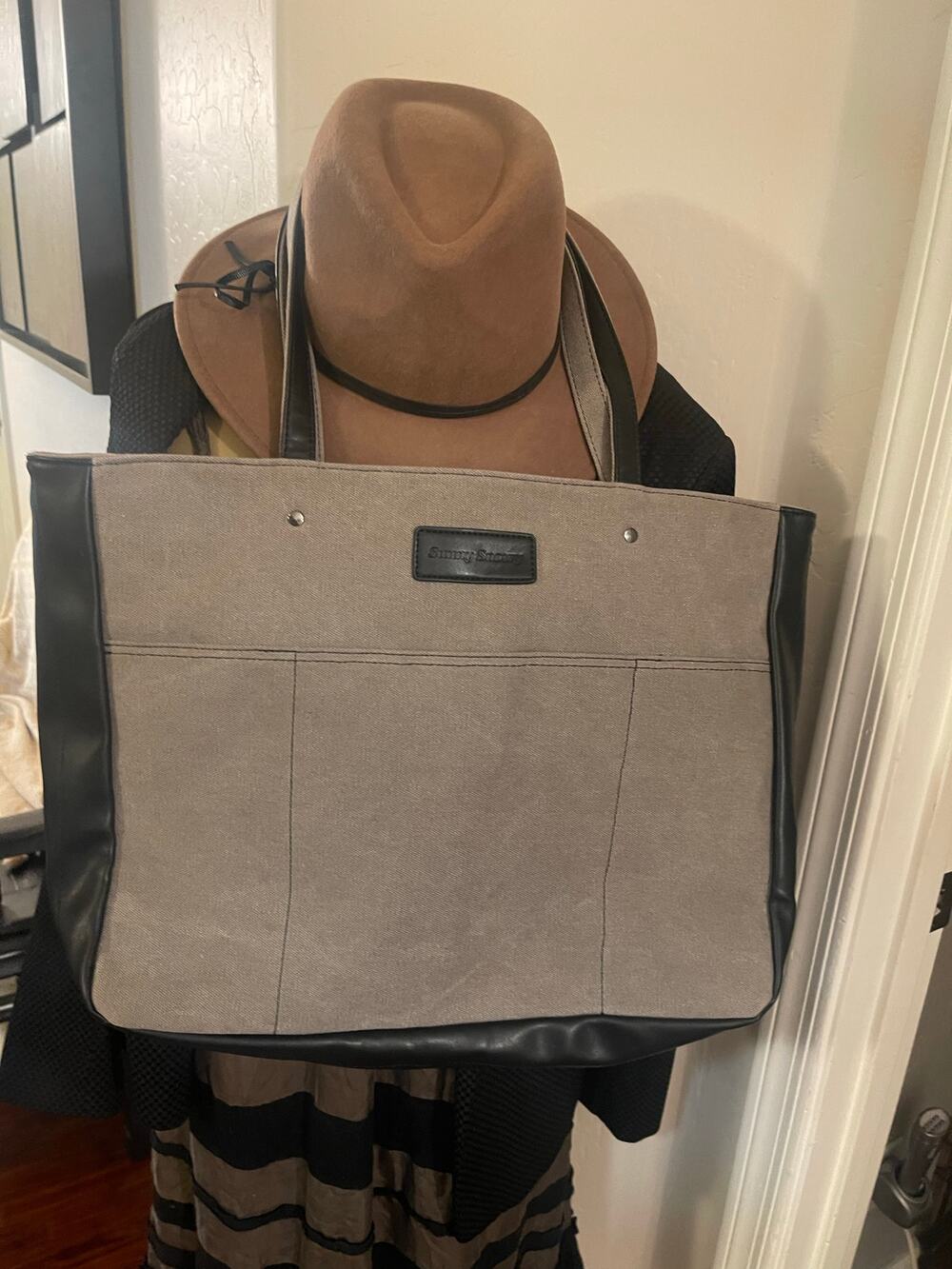 Sunny Snowy canvas tote laptop bag taupe color